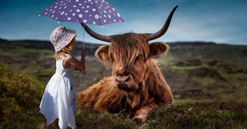 a girl stand with miniature cow.